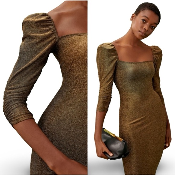 Reformation Rahm Ruched Puff Sleeve Midi Dress in Bronze Sparkle | Size XS - Picture 3 of 16